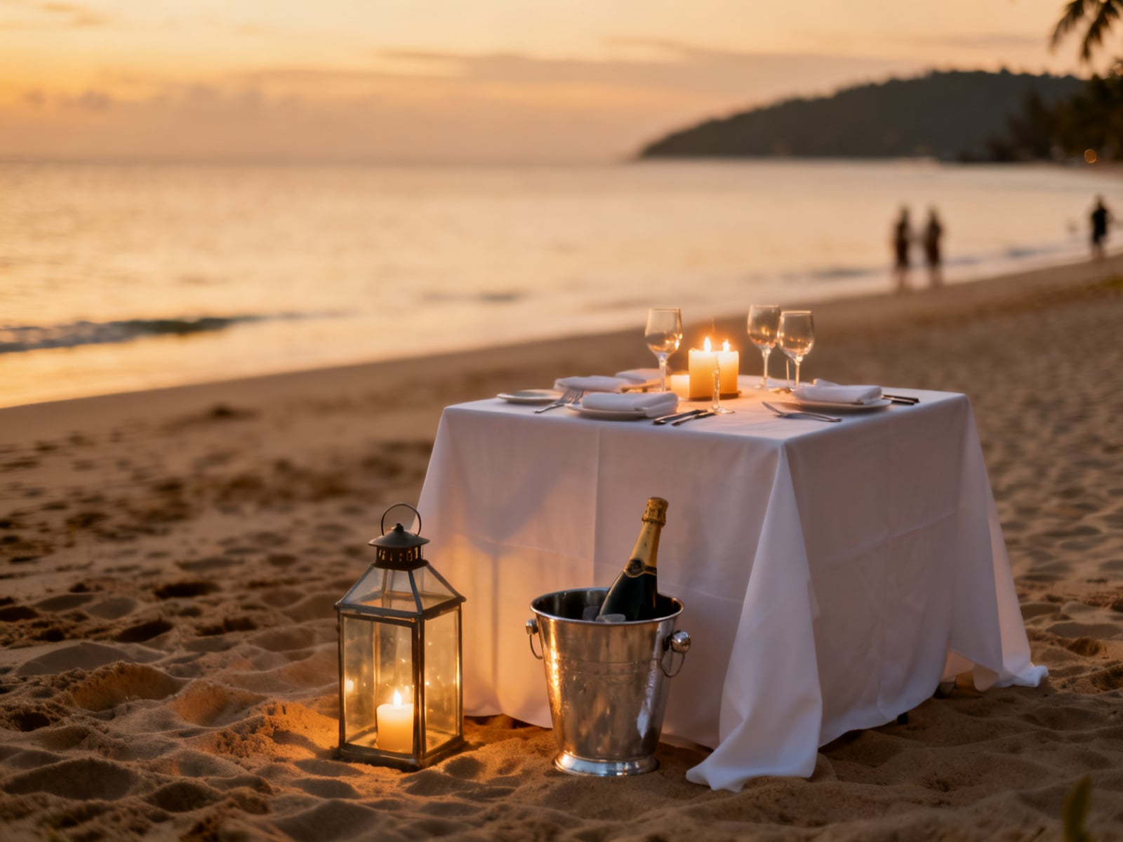 A candlelit table for two set on the sand at dusk, waiting